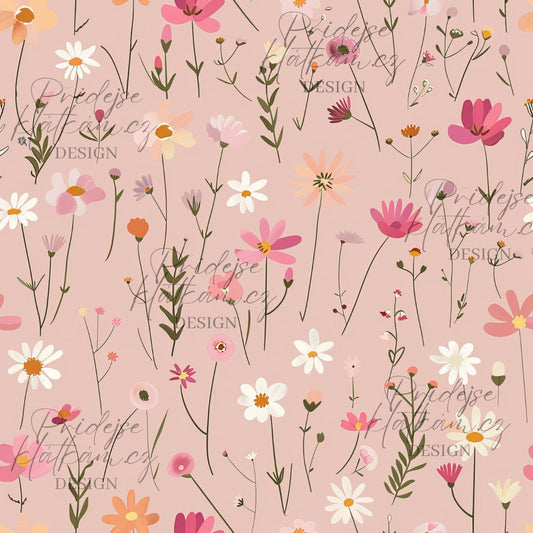 Žebrovaný úplet - Jemná kvítka na růžové