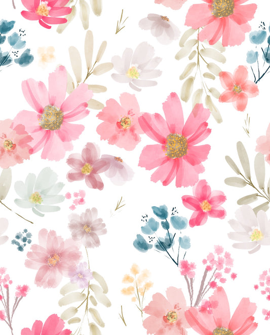 Teplákovina  - Růžová kvítka na bílé